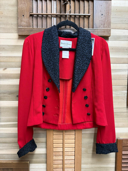 1980's Danny & Nicole Red Lined Black Boucle Trim Shawl Collar Jacket Blazer Size 4
