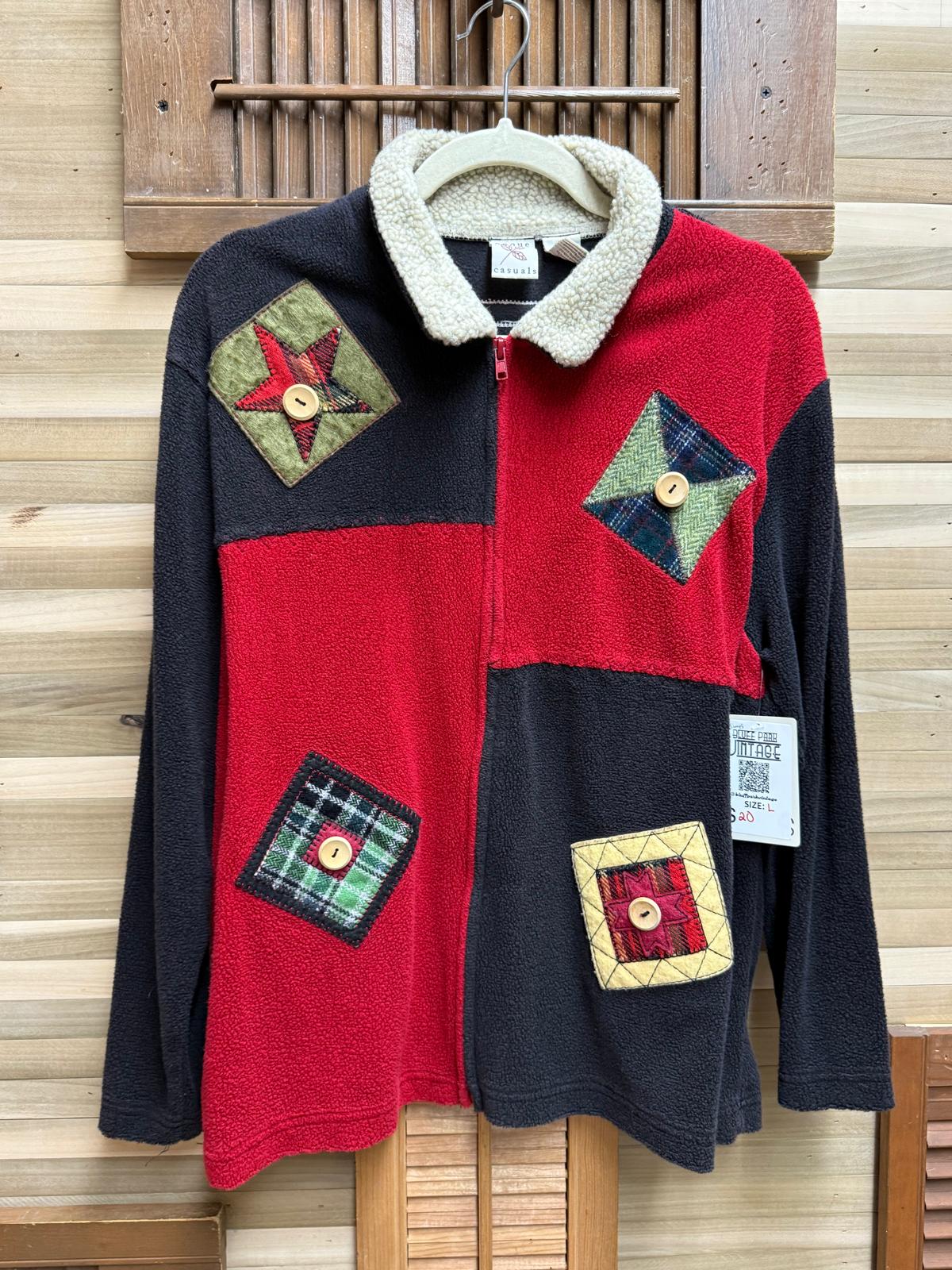 1990's "Onque Casuals" Color block Patches Buttons Full Zip Fleece Cardigan Size L