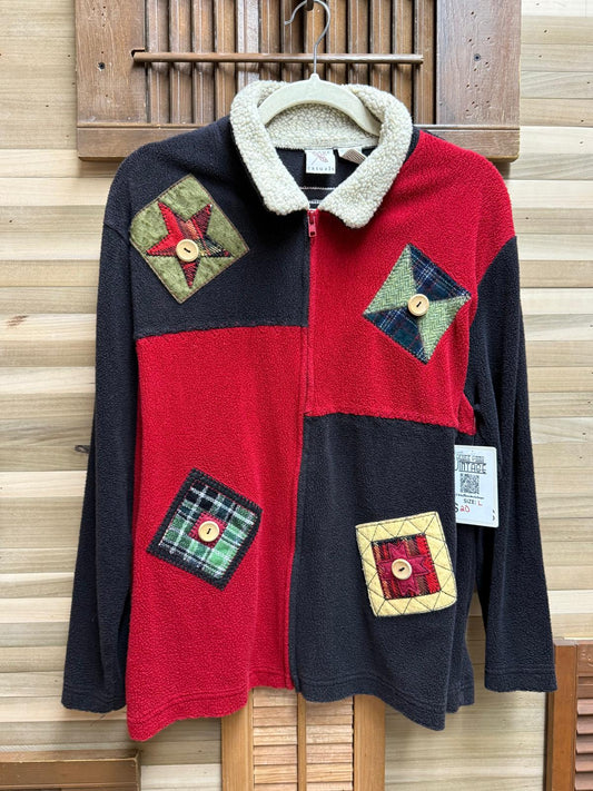 1990's "Onque Casuals" Color block Patches Buttons Full Zip Fleece Cardigan Size L
