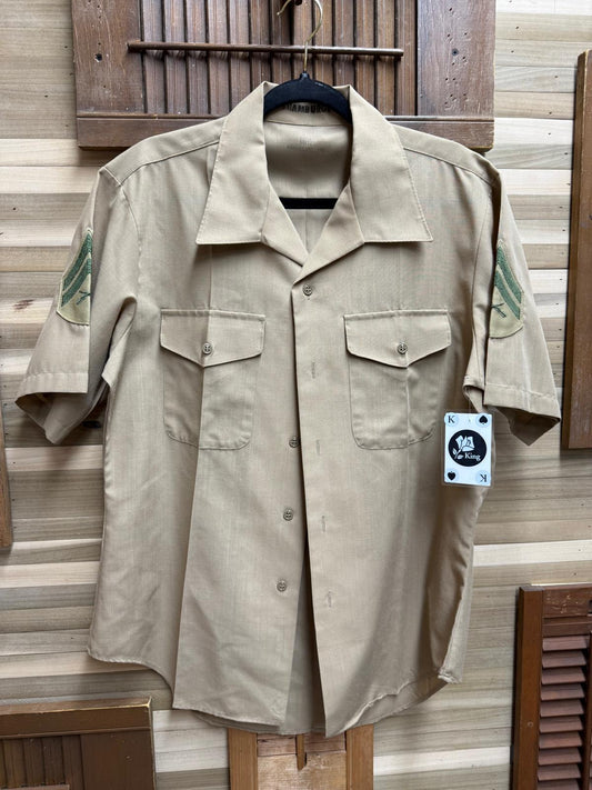 1970's US Marine Corp Khaki Short Sleeve Dress Shirts with Staff Sergeant Patches Size Large Neck 16.5