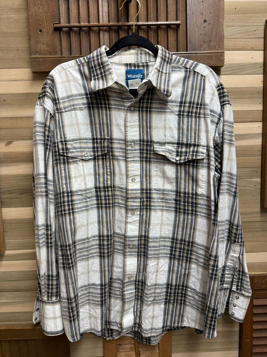 1990's Western Light Colored Plaid 100% Cotton Shirt by "Wrangler Western Shirts" Chest Pockets Size XL