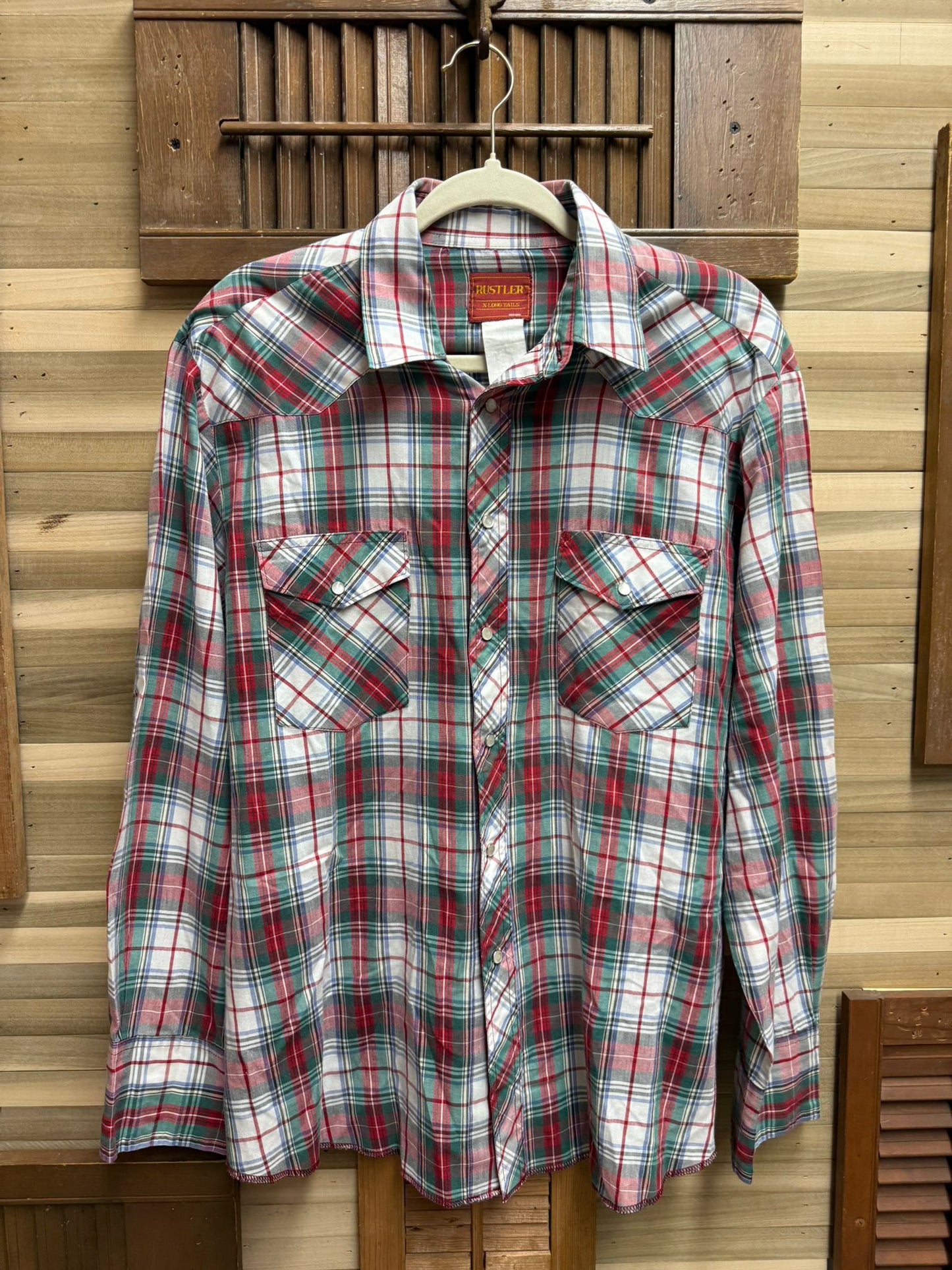 Red and Green Western Pearl Snapback Flannel "Rustler By Wrangler" Size XL