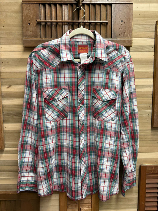 Red and Green Western Pearl Snapback Flannel "Rustler By Wrangler" Size XL