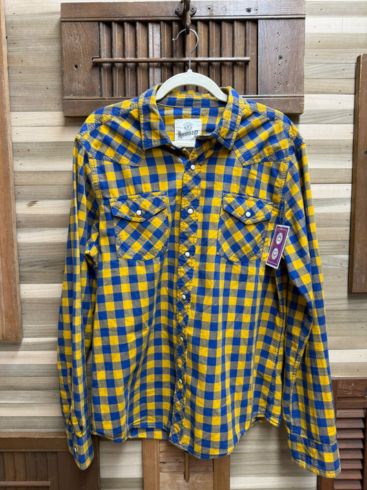 White Snapbacks on Blue and Yellow Checked "Roebuck & Co" Long Sleeve Cotton Size Large