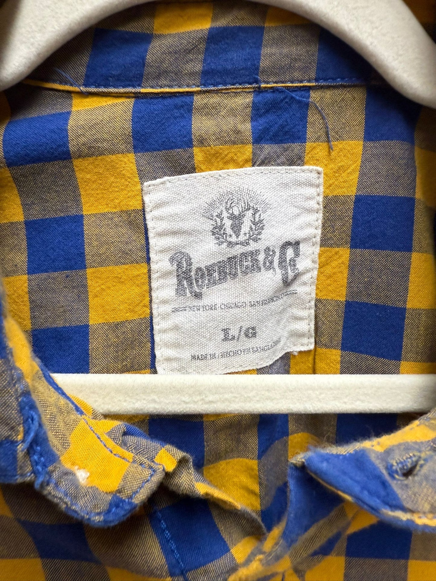 White Snapbacks on Blue and Yellow Checked "Roebuck & Co" Long Sleeve Cotton Size Large
