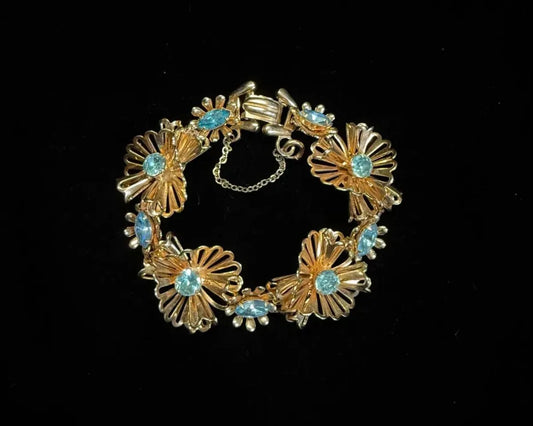 50's "Barclay" Stamped Gold Tone Floral Link Bracelet with Aquamarine Rhinestones
