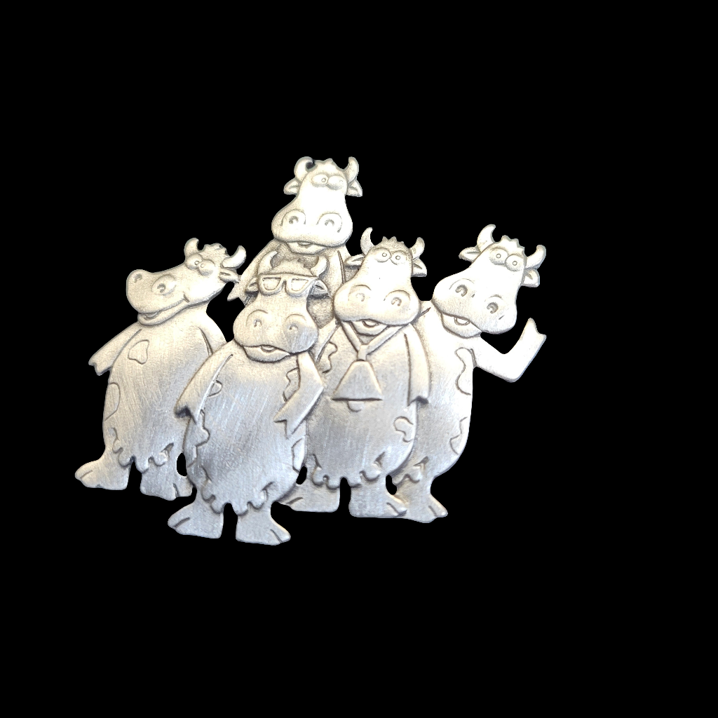 1988 Stamped JJ Jonette Happy Cows Silver Tone Brooch Pin
