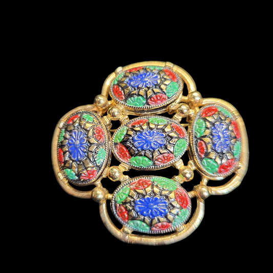 Sarah Coventry Light of the East Colorful Molded Glass Cab Gold Brooch