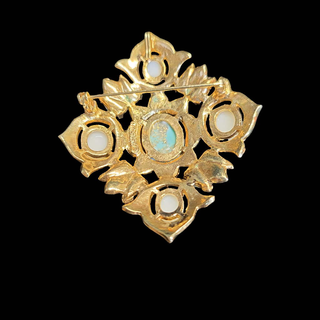 Stamped "Sarah Coventry" Gold Tone Faux Pearl & Faux Turquois Brooch or Pendant