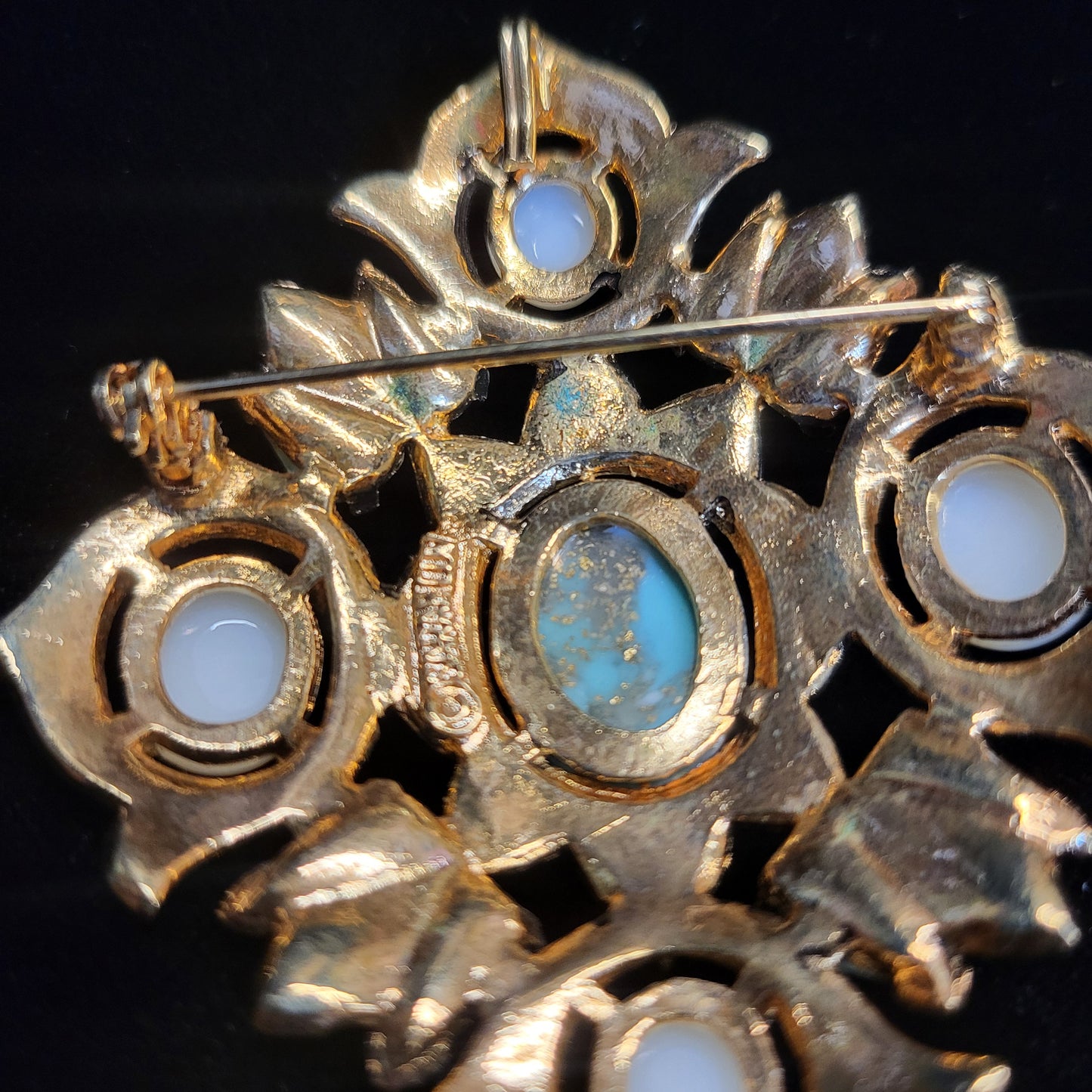 Stamped "Sarah Coventry" Gold Tone Faux Pearl & Faux Turquois Brooch or Pendant